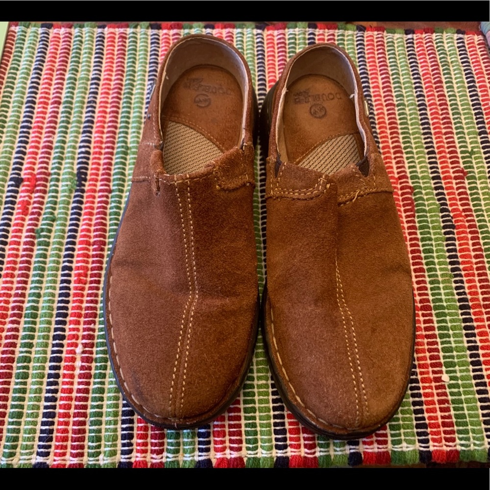 Double H Suede Mules, Size 6.5, Cognac